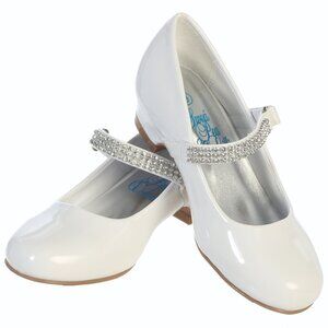 Girls white shoes with 1" heel & rhinestone strap
